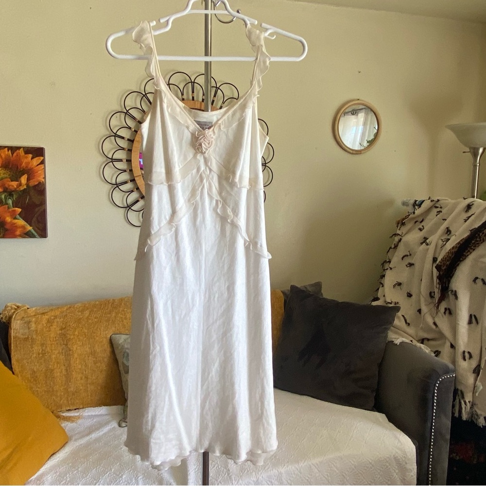 Romantic Babydoll Coquette Cream Camisole Linen Midi Dress VNeck Size 12